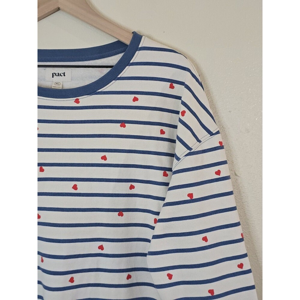 Pact Organic Cotton Heart Print Striped Sweatshirt XL Blue White Red Pullover - Picture 3 of 12